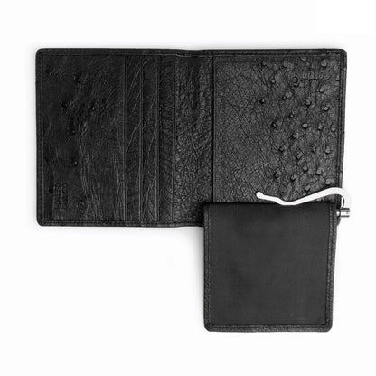 Ferrini Full Quill Ostrich money clip in black ostrich leather, with quilled texture, card slots and silver-tone clip