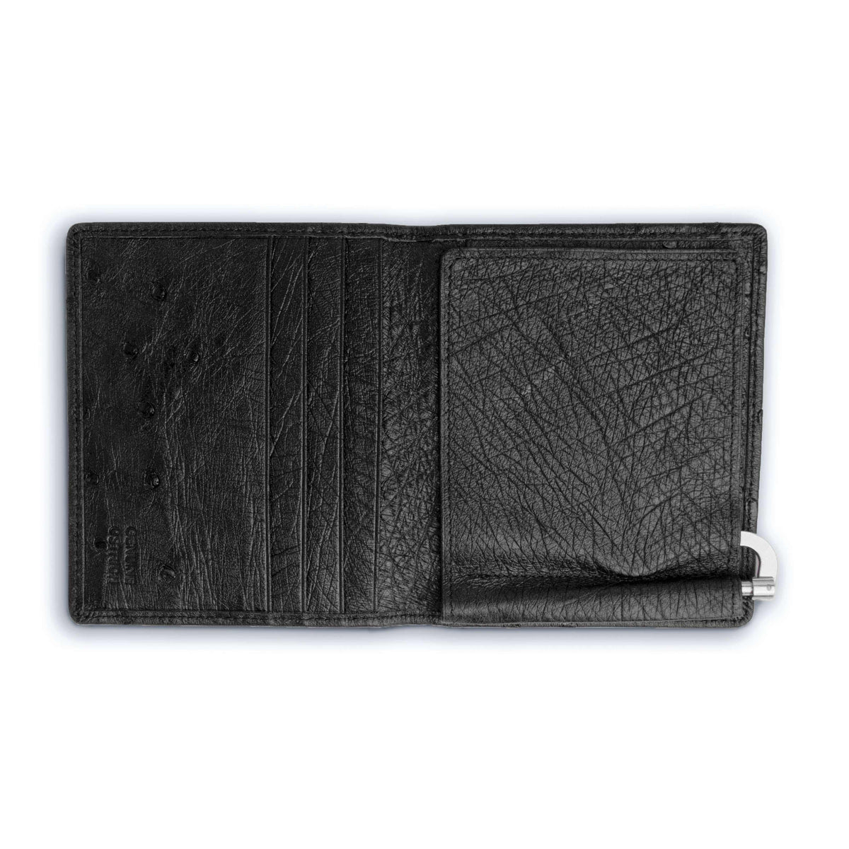Ferrini Full Quill Ostrich money clip in black textured leather with stitched card slots and a silver-tone clip