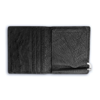 Ferrini Full Quill Ostrich money clip in black textured leather with stitched card slots and a silver-tone clip
