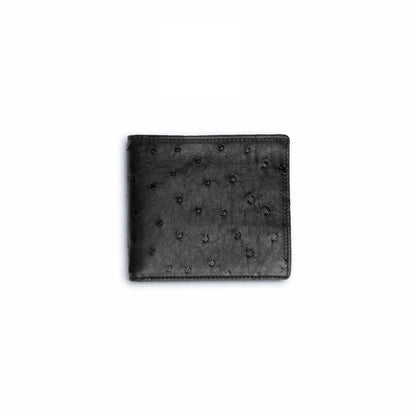 Black Ferrini Full Quill Ostrich hipster wallet in genuine ostrich leather, with distinctive raised quill pattern and stitched edges