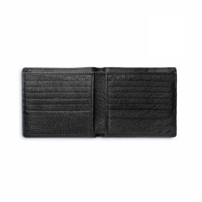 Black Ferrini Full Quill Ostrich wallet in textured genuine ostrich leather, open to show multiple horizontal card slots.