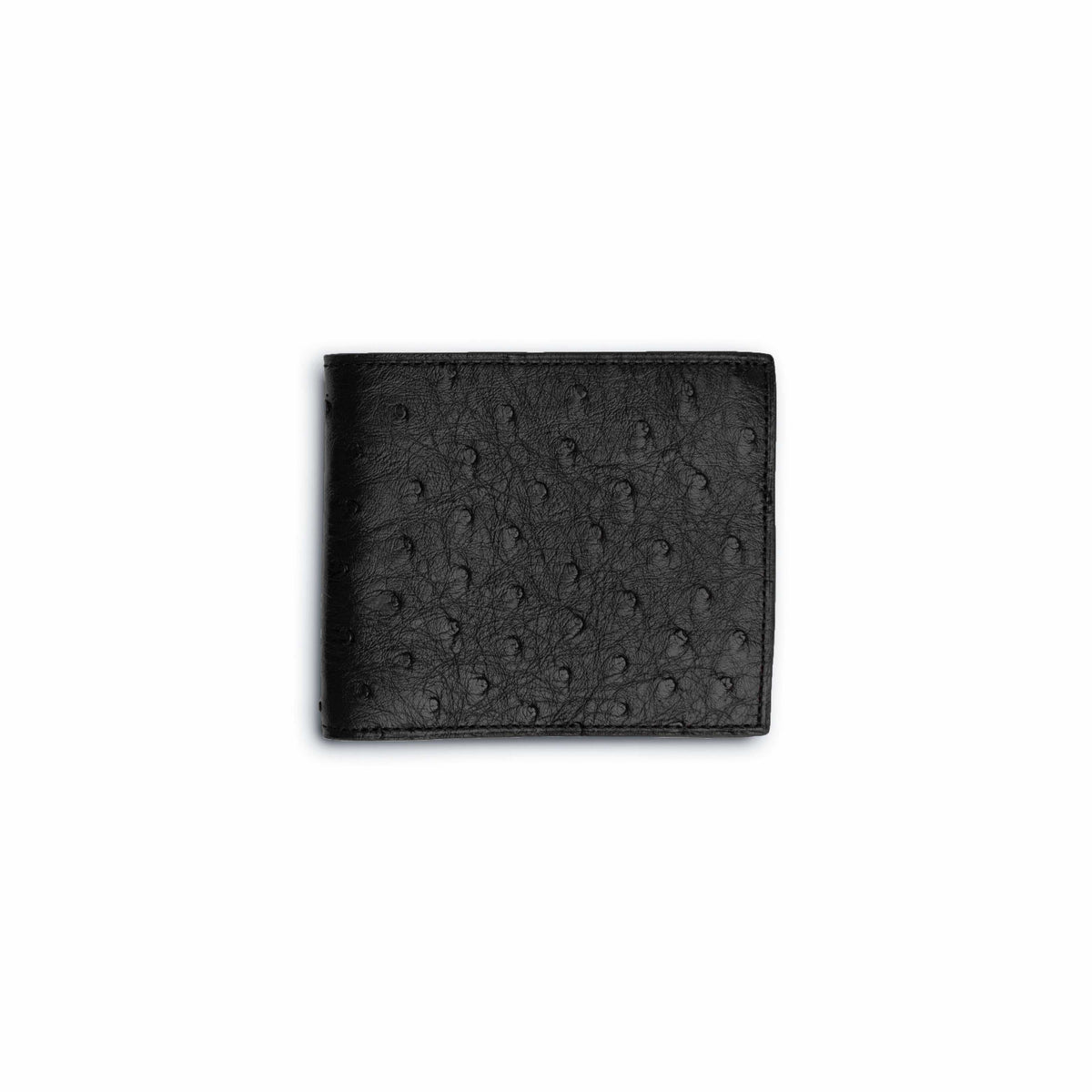 Ferrini Full Quill Ostrich billfold in black textured leather, featuring distinctive raised quill patterning and a fold-over design