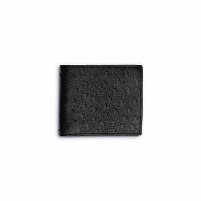 Ferrini Full Quill Ostrich billfold in black textured leather, featuring distinctive raised quill patterning and a fold-over design