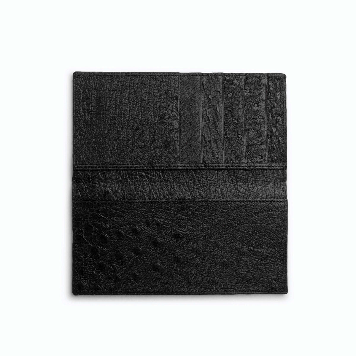 Ferrini Full Quill Ostrich checkbook cover in black leather with a textured quill pattern and stitched horizontal detail