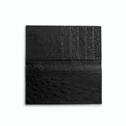 Ferrini Full Quill Ostrich checkbook cover in black leather with a textured quill pattern and stitched horizontal detail