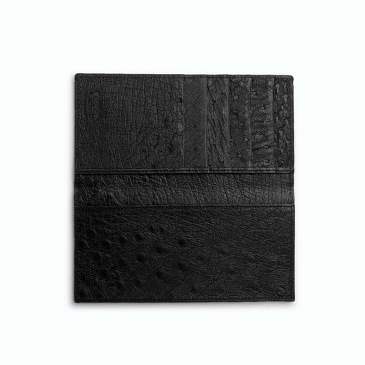 Ferrini Full Quill Ostrich checkbook cover in black leather with a textured quill pattern and stitched horizontal detail