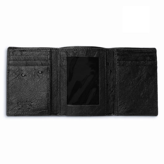 Ferrini Full Quill Ostrich trifold wallet in black textured leather, open to show card slots and a central ID window