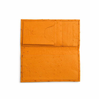 Ferrini Full Quill Ostrich checkbook cover in bright buttercup orange leather, open with stitched card slots and quill texture