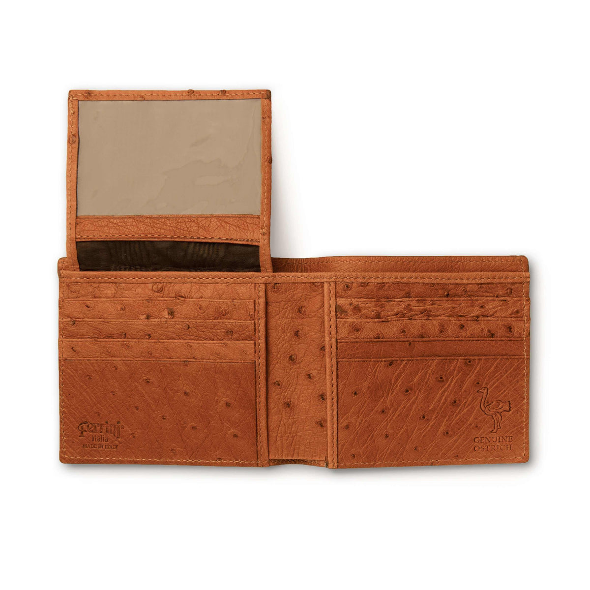Ferrini Full Quill Ostrich billfold in cognac brown leather, open with quill-textured panels, card slots and ID window