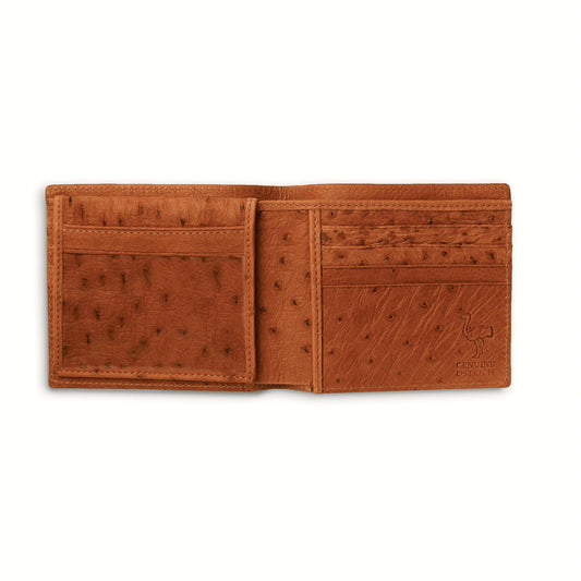 Ferrini Full Quill Ostrich billfold in cognac brown leather with distinctive quill texture, card slots and ID window