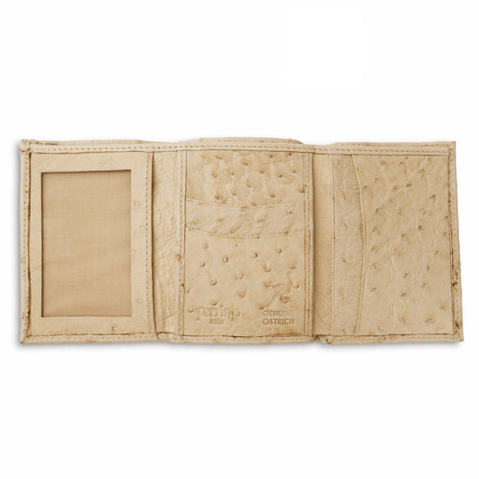 Ferrini Full Quill Ostrich trifold wallet in cream leather with natural quill texture, ID window and card slots