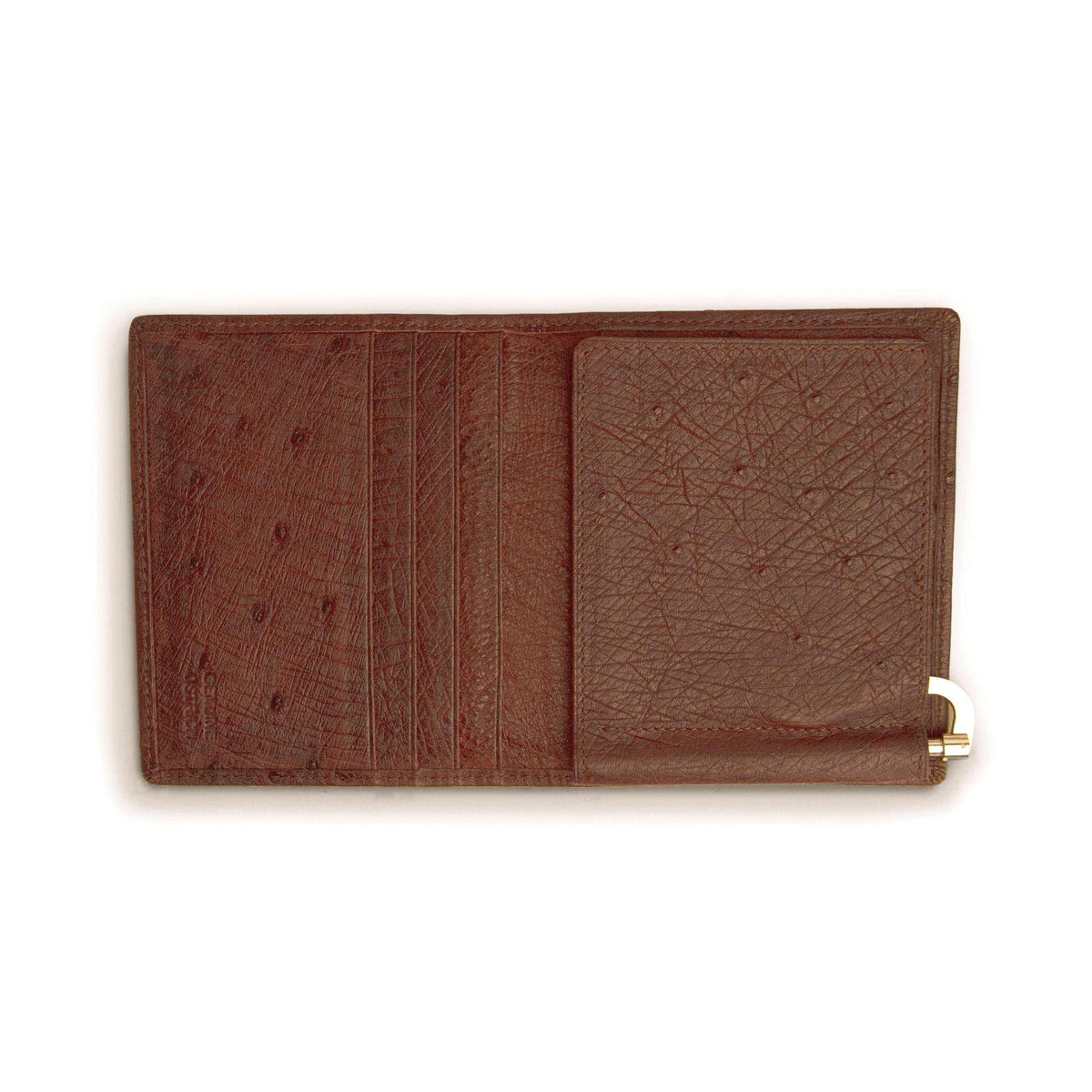 Money clip wallet in reddish brown Ferrini Full Quill Ostrich leather, with textured quill pattern and metal clip