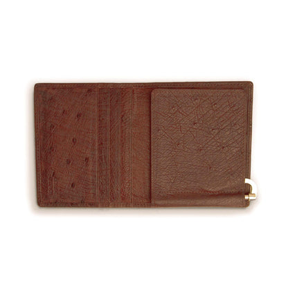 Money clip wallet in reddish brown Ferrini Full Quill Ostrich leather, with textured quill pattern and metal clip