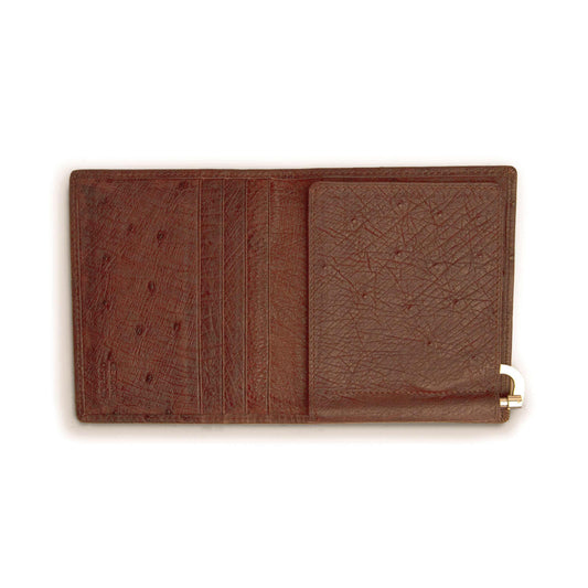 Money clip wallet in reddish brown Ferrini Full Quill Ostrich leather, with textured quill pattern and metal clip
