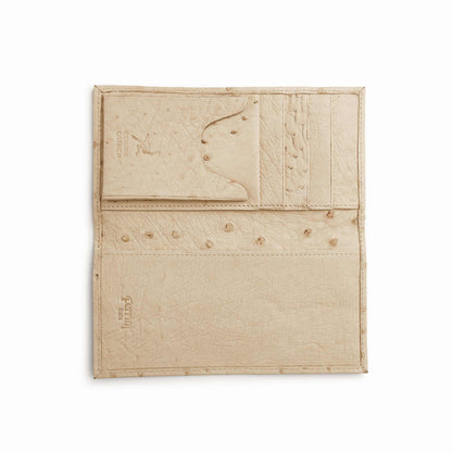 Ferrini Full Quill Ostrich checkbook cover in pale winter white leather, with quill bumps, stitched panels and card slots