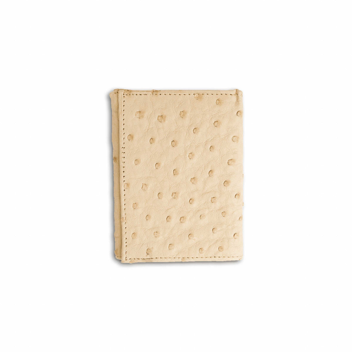 Ferrini Full Quill Ostrich trifold wallet in pale winter white leather with distinctive raised quill texture and stitched edges