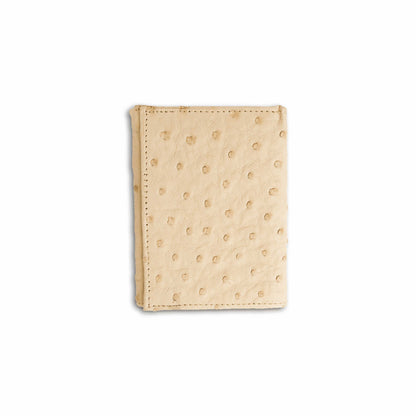 Ferrini Full Quill Ostrich trifold wallet in pale winter white leather with distinctive raised quill texture and stitched edges