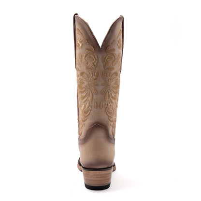 Ferrini Grace Leather Boots in natural tan leather, featuring embossed floral stitching, tall shafts and stacked heels