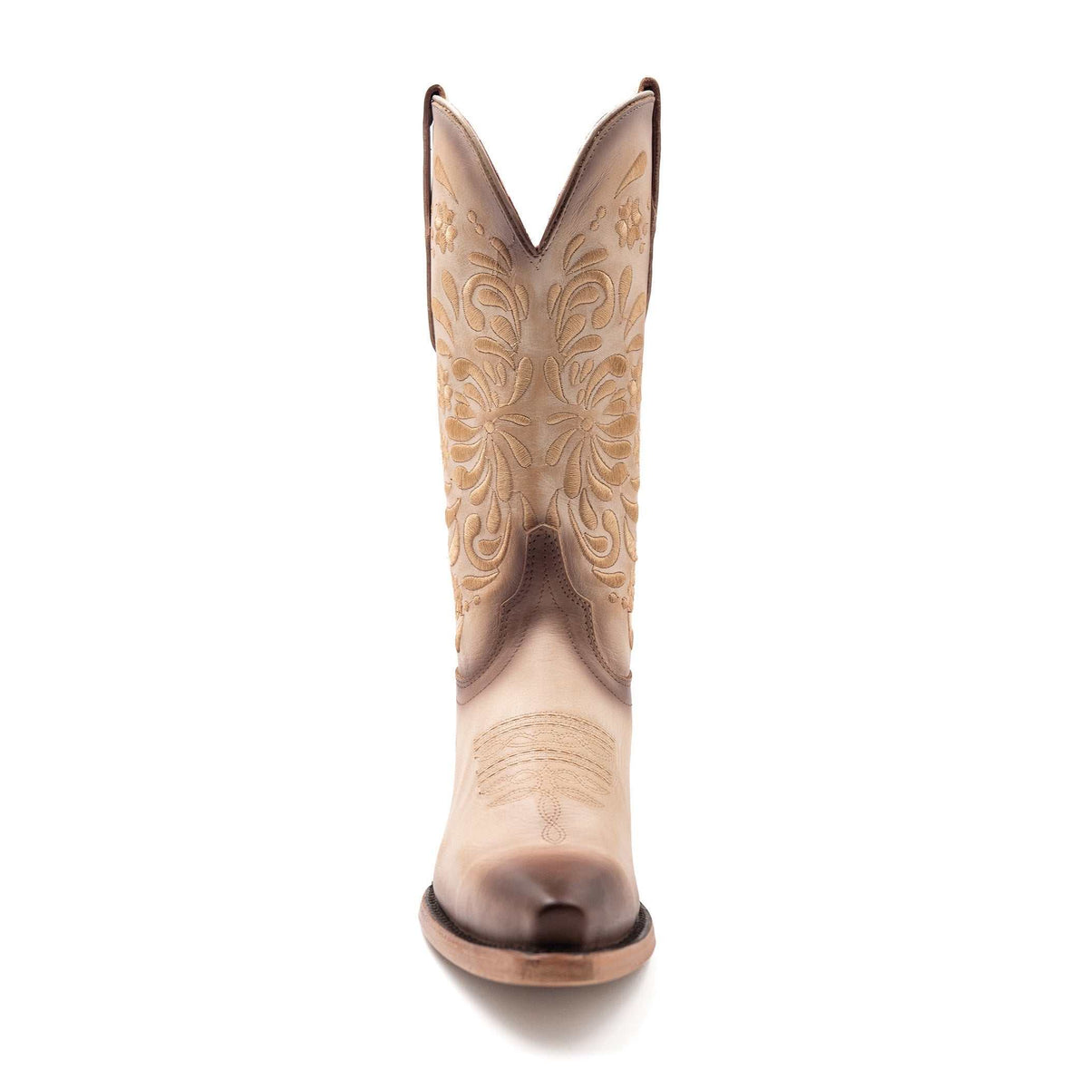 Ferrini Grace Leather Boots in natural tan leather, with ornate floral stitching and a distinctive snip toe