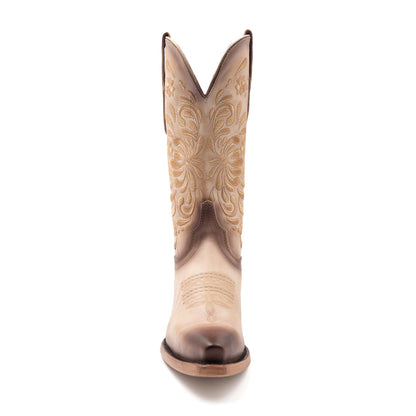 Ferrini Grace Leather Boots in natural tan leather, with ornate floral stitching and a distinctive snip toe