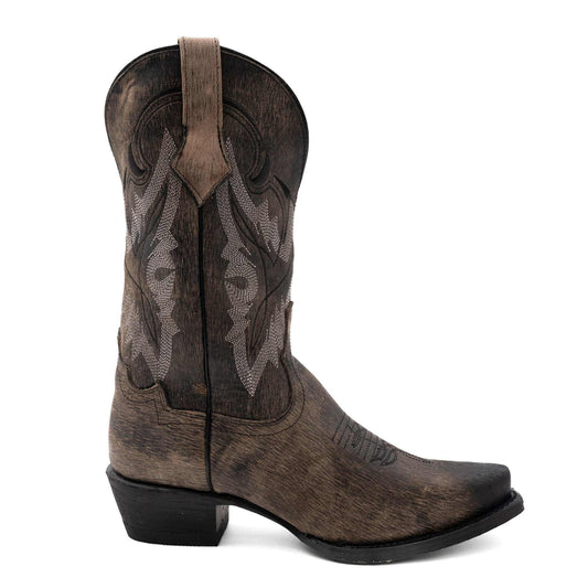 Ferrini Holly Leather Boots in distressed brown leather with dark embroidered shaft panels and a snip toe