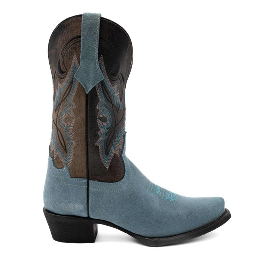 Ferrini Holly Leather Boots in dusty blue suede with a dark embroidered shaft and snip toe