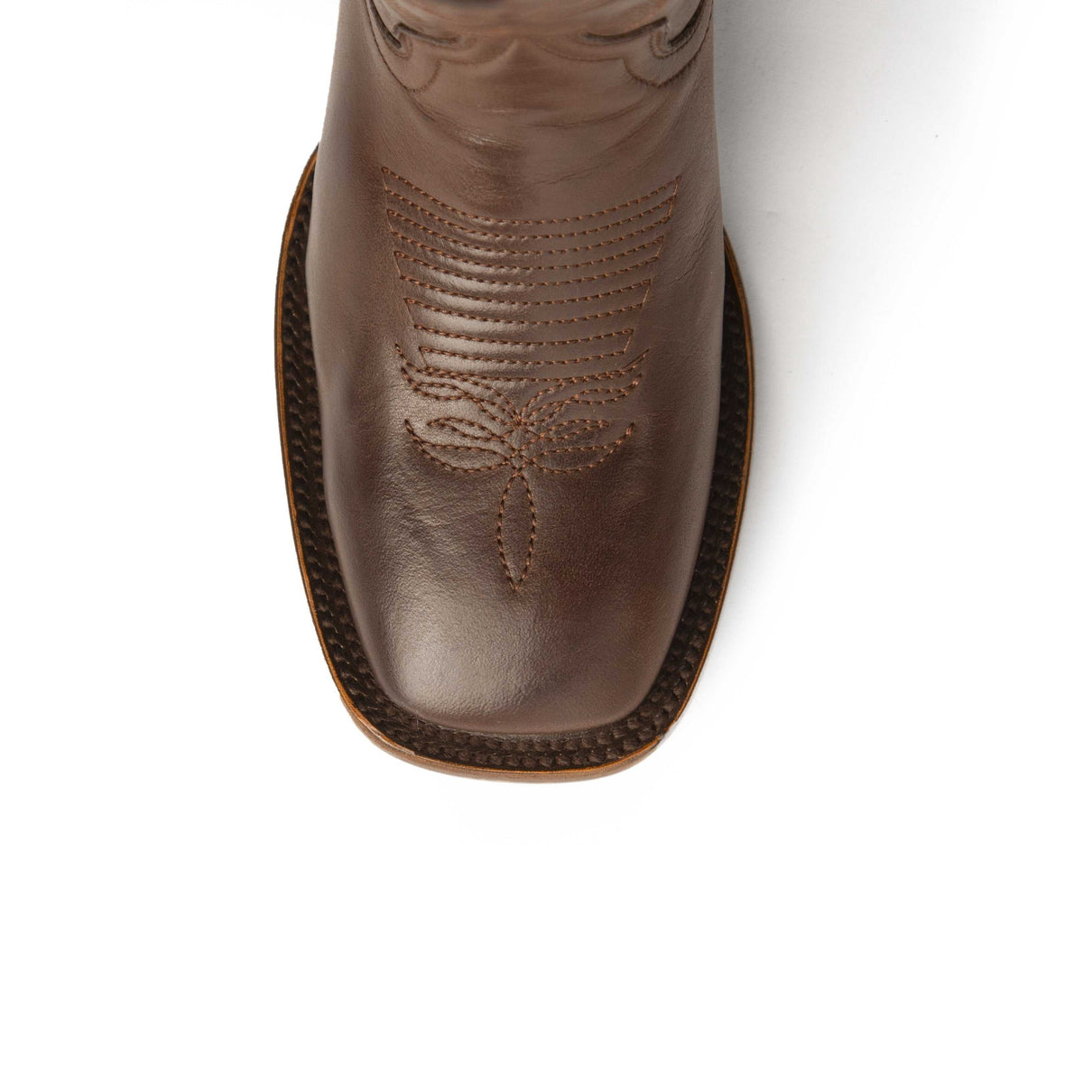 Ferrini Jane Leather Boots in chocolate brown leather, with a square toe, stitched leaf detail and textured welt