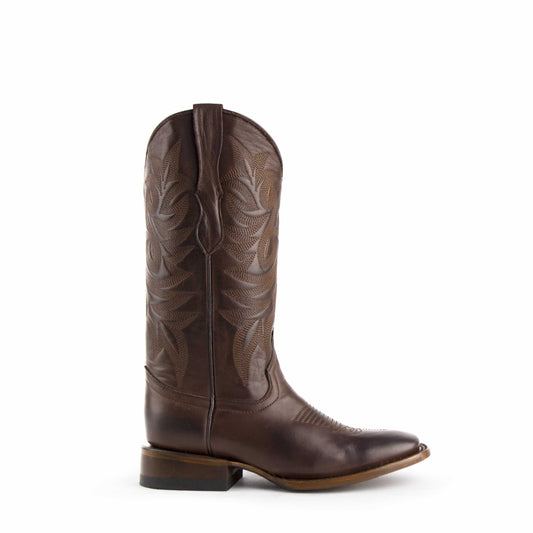 Ferrini Jane Leather Boots in chocolate brown leather, with a tall shaft, stitched leaf pattern, square toe and block heel