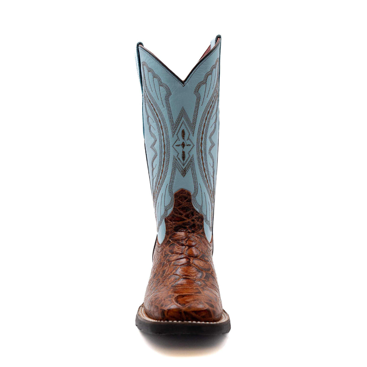 Ferrini Kai Sea Turtle western boot with brown embossed reptile-print vamp and pale blue embroidered shaft, square toe.