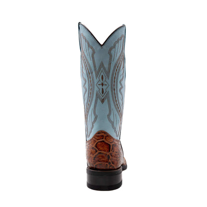 Ferrini Kai Sea Turtle cowboy boot in brown patterned sea turtle print leather with a pale blue embroidered shaft and square toe