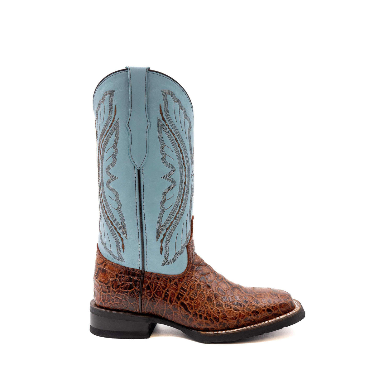 Ferrini Kai Sea Turtle cowboy boot in cigar-brown textured print leather with a light blue shaft and stitched detailing