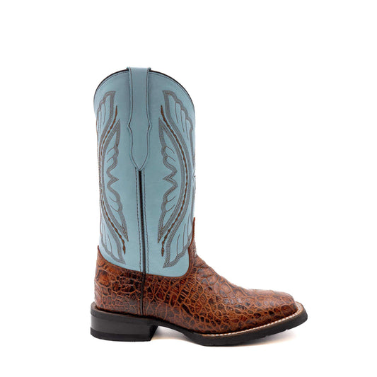Ferrini Kai Sea Turtle cowboy boot in cigar-brown textured print leather with a light blue shaft and stitched detailing
