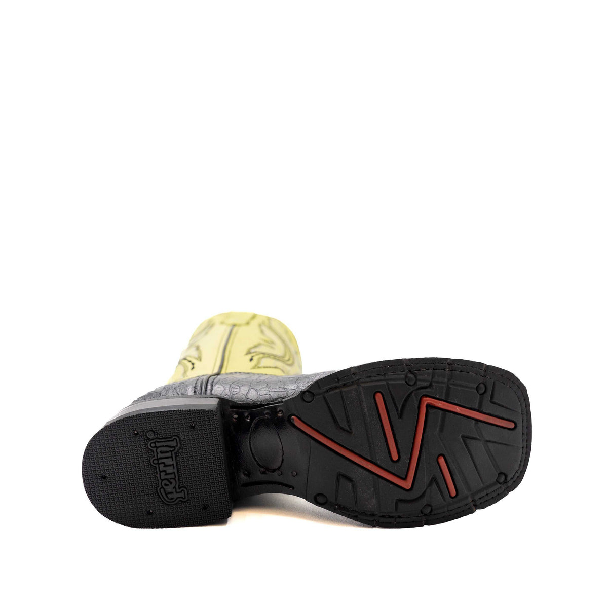 Ferrini Kai Sea Turtle PRINT Boots with a black textured rubber sole, red tread accents, and pale yellow turtle-print leather shaft