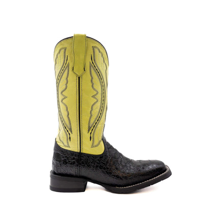 Ferrini Kai Sea Turtle PRINT Boots with black textured vamp and bright yellow stitched shaft, featuring a square toe.
