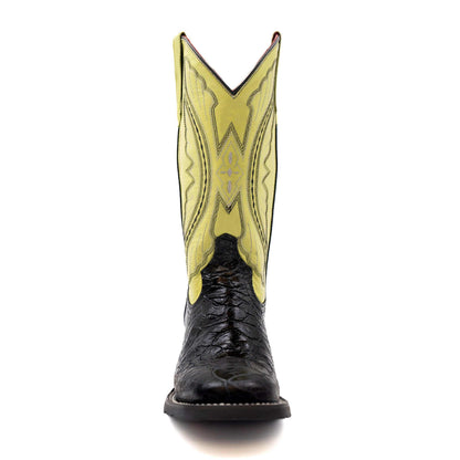 Ferrini Kai Sea Turtle PRINT Boots in black leather with a bright yellow shaft, stitched western details and square toe