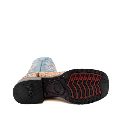 Ferrini Kai Sea Turtle PRINT Boots with a light blue sea turtle print shaft, orange patterned trim and black rubber sole
