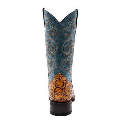 Ferrini Kai Sea Turtle PRINT Boots in blue leather with swirling stitchwork and a brown turtle-shell print heel panel.