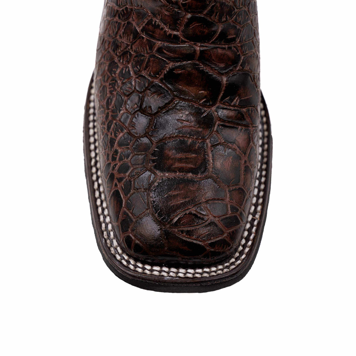Ferrini Kai Sea Turtle PRINT Boots in dark chocolate brown with raised reptile-print leather and contrast white stitching.