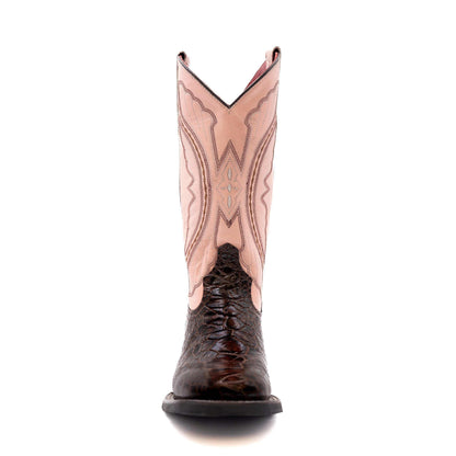 Ferrini Kai Sea Turtle PRINT Boots in dark chocolate with a textured sea turtle print vamp and pink stitched shaft.