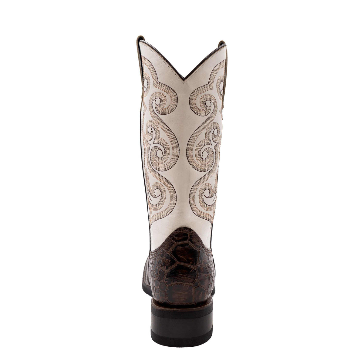 Ferrini Kai Sea Turtle PRINT Boots with a dark chocolate textured vamp and pale cream shafts featuring ornate brown scroll stitching