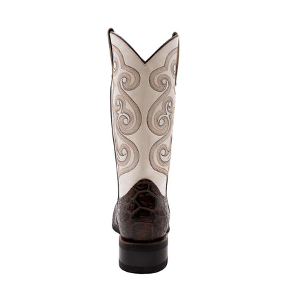 Ferrini Kai Sea Turtle PRINT Boots with a dark chocolate textured vamp and pale cream shafts featuring ornate brown scroll stitching