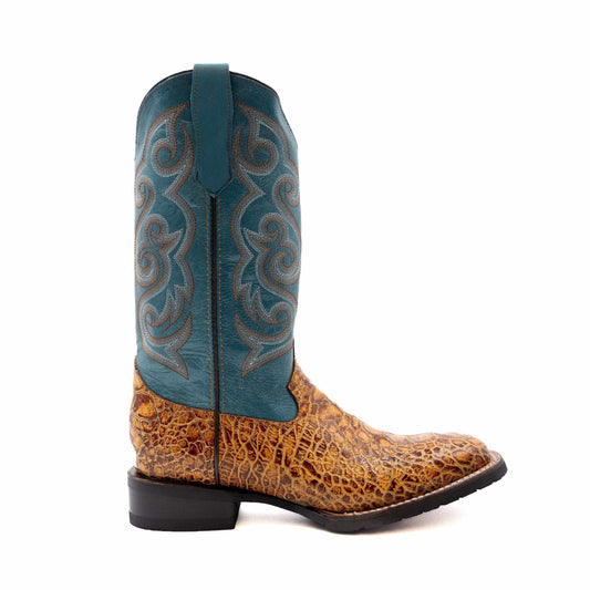 Ferrini Kai Sea Turtle PRINT Boots in cigar brown with textured sea turtle print vamp, teal shaft and stitched embroidery