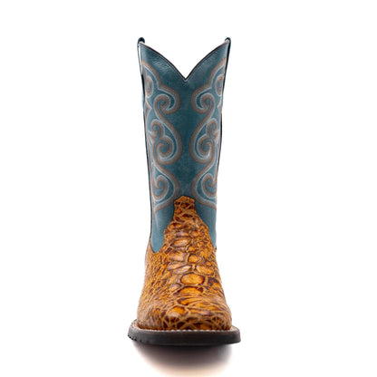 Ferrini Kai Sea Turtle PRINT Boots in cigar brown reptile-print leather with teal shaft and ornate stitched scrollwork