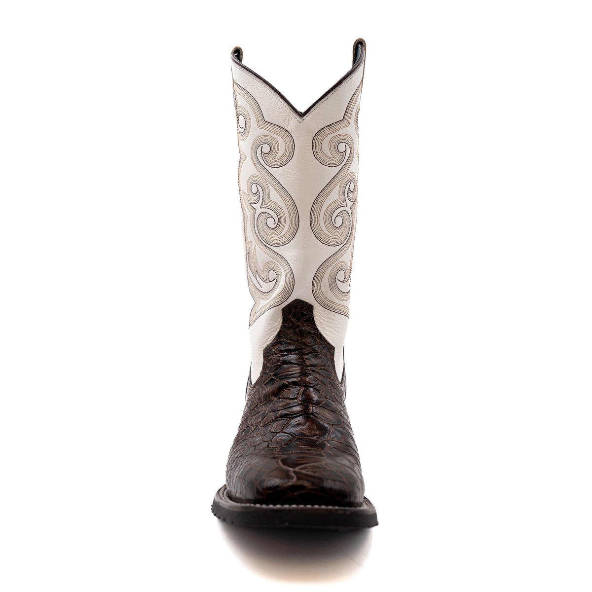 Ferrini Kai Sea Turtle PRINT Boots with a dark chocolate textured vamp and cream shaft featuring taupe scroll embroidery