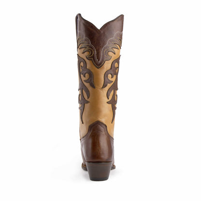 Ferrini Legend Leather Boots, tall brown leather boot with tan shaft panels and dark decorative stitched overlays