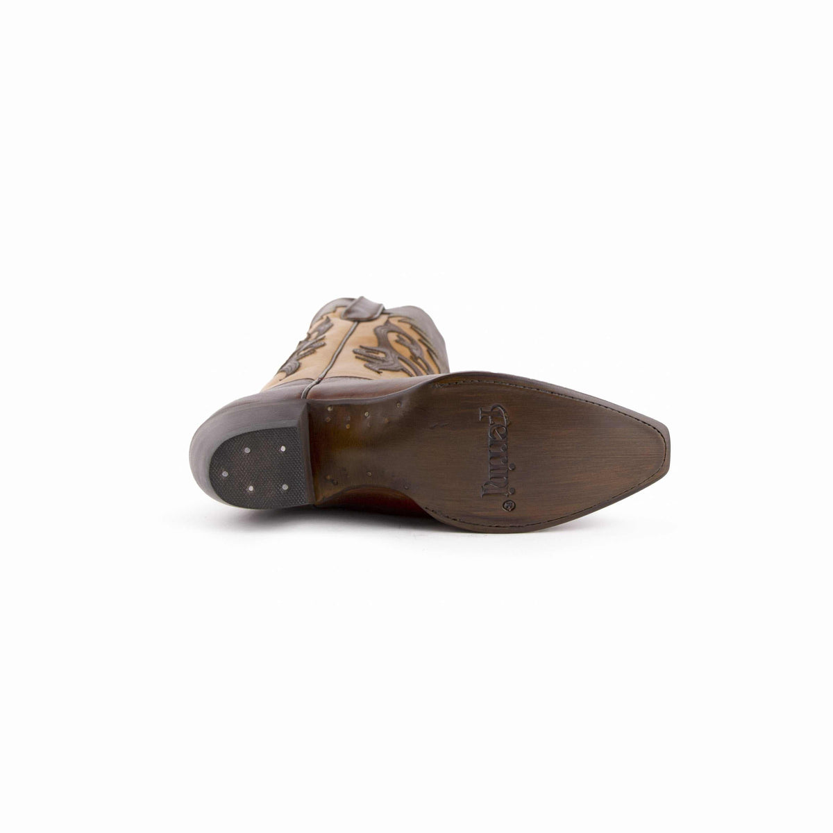 Ferrini Legend Leather Boots with a brown leather sole, snipped toe, and tan shaft featuring dark stitched patterns