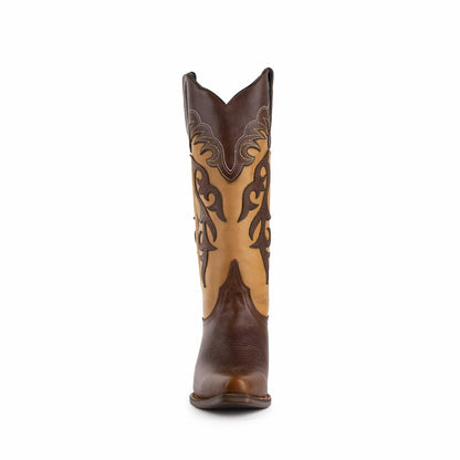 Ferrini Legend Leather Boots in brown and tan leather, with dark ornate stitching, a snipped toe and tall western shaft