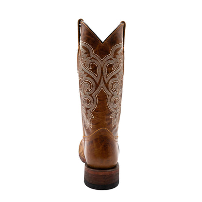 Ferrini Mae Leather Boots in brown leather with ornate cream scroll stitching, a tall shaft, and a stacked block heel