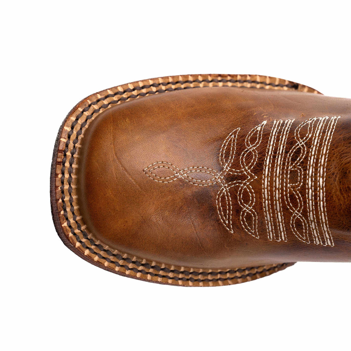 Ferrini Mae Leather Boots in brown leather, showing a square toe with decorative stitching and braided welt trim