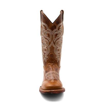 Ferrini Mae Leather Boots in brown full-grain leather with decorative cream stitching, square toe and tall shaft